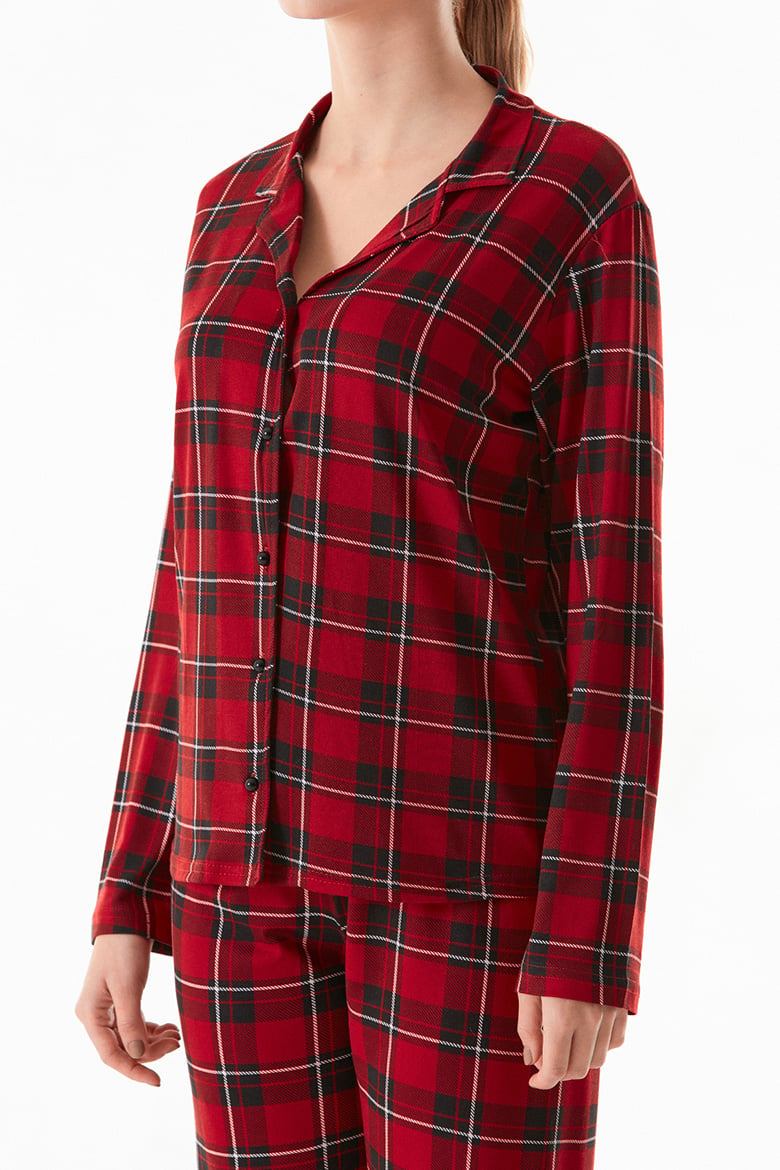 Süet Ekose Desenli Düğmeli Pijama Takımı