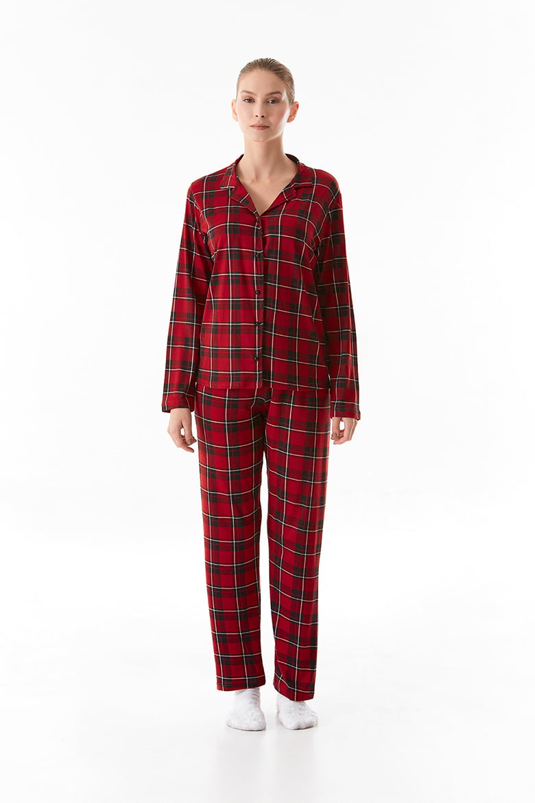 Süet Ekose Desenli Düğmeli Pijama Takımı