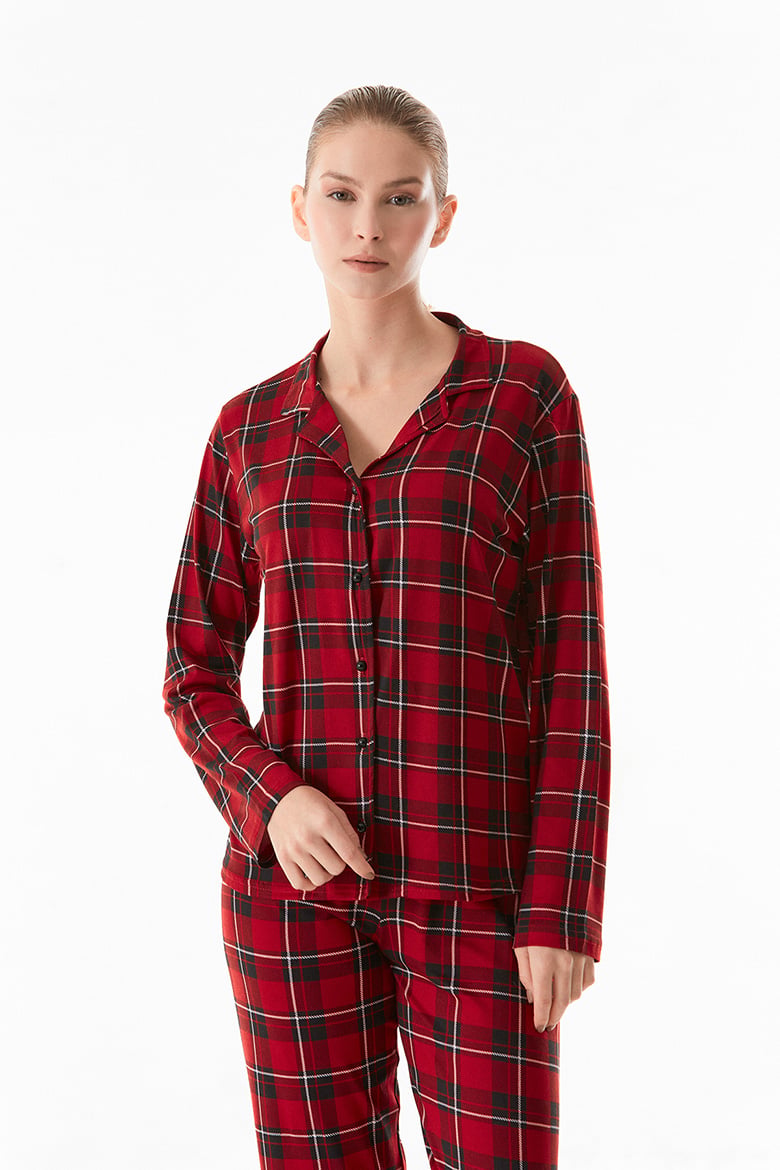 Süet Ekose Desenli Düğmeli Pijama Takımı