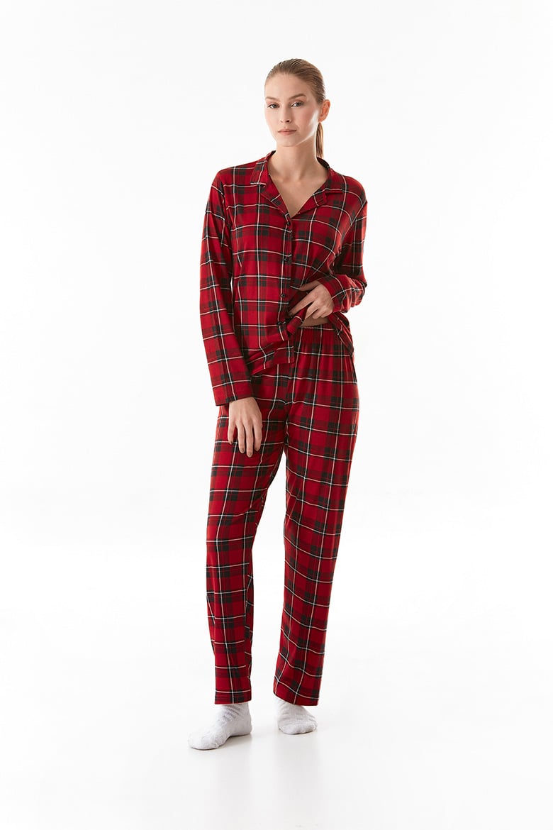 Süet Ekose Desenli Düğmeli Pijama Takımı