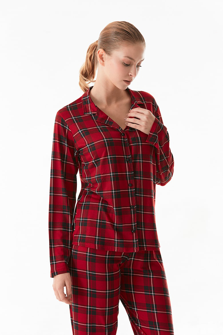 Süet Ekose Desenli Düğmeli Pijama Takımı