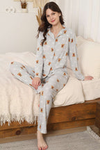Ayıcık Desenli Düğmeli Süet Pijama Takımı