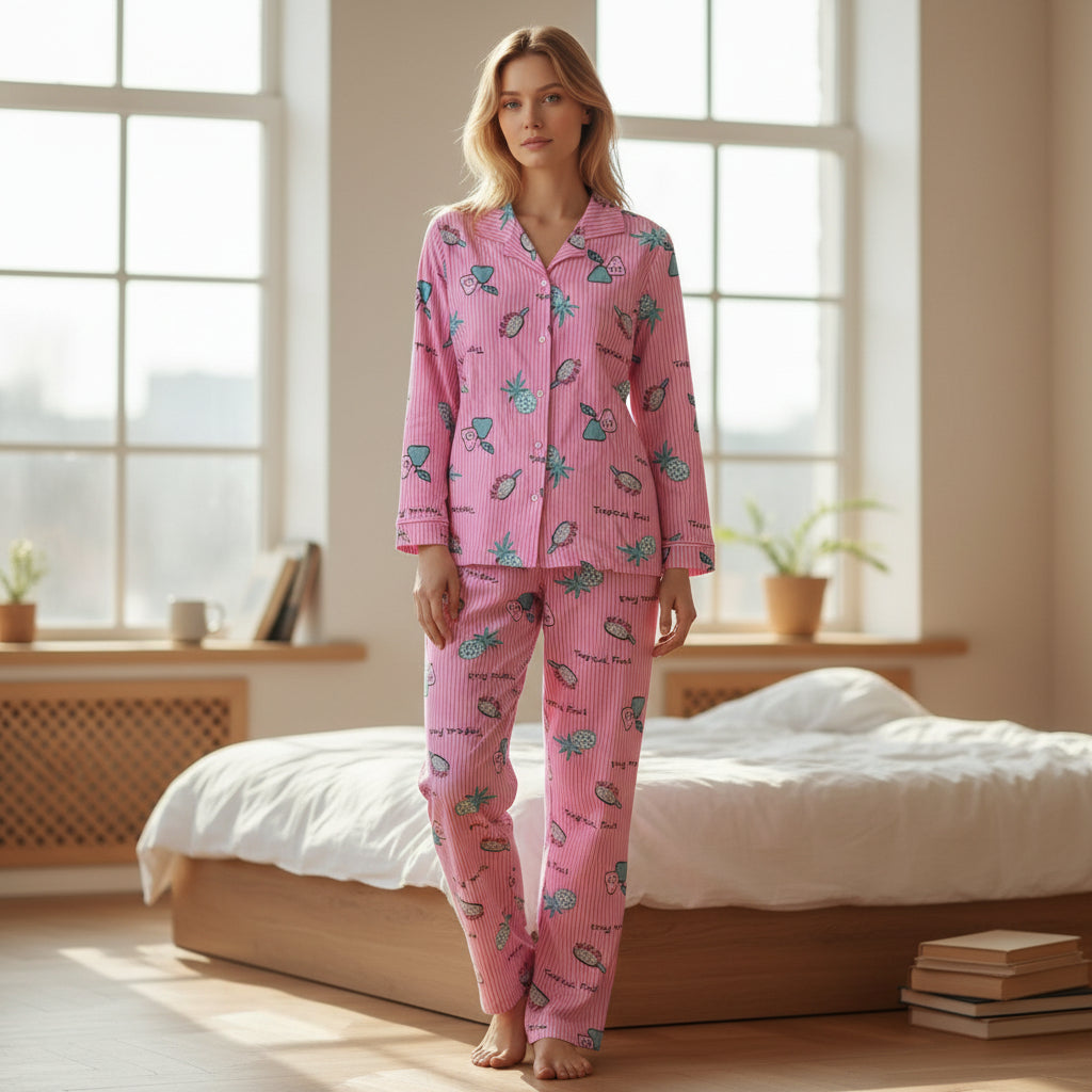 Desenli Düğmeli Süet Pijama Takımı