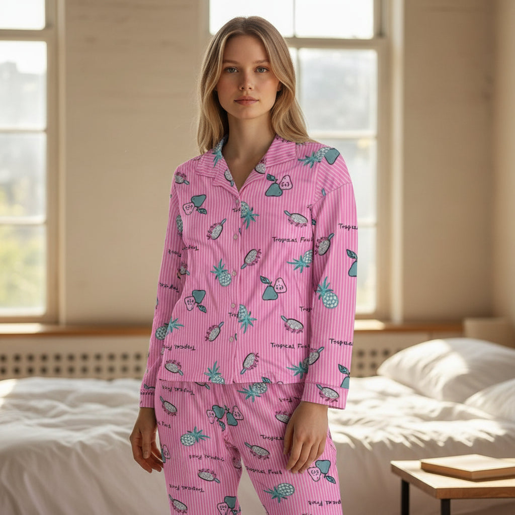 Desenli Düğmeli Süet Pijama Takımı
