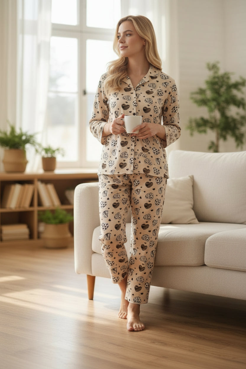Kalpli leopar Desenli Düğmeli Süet Pijama Takımı