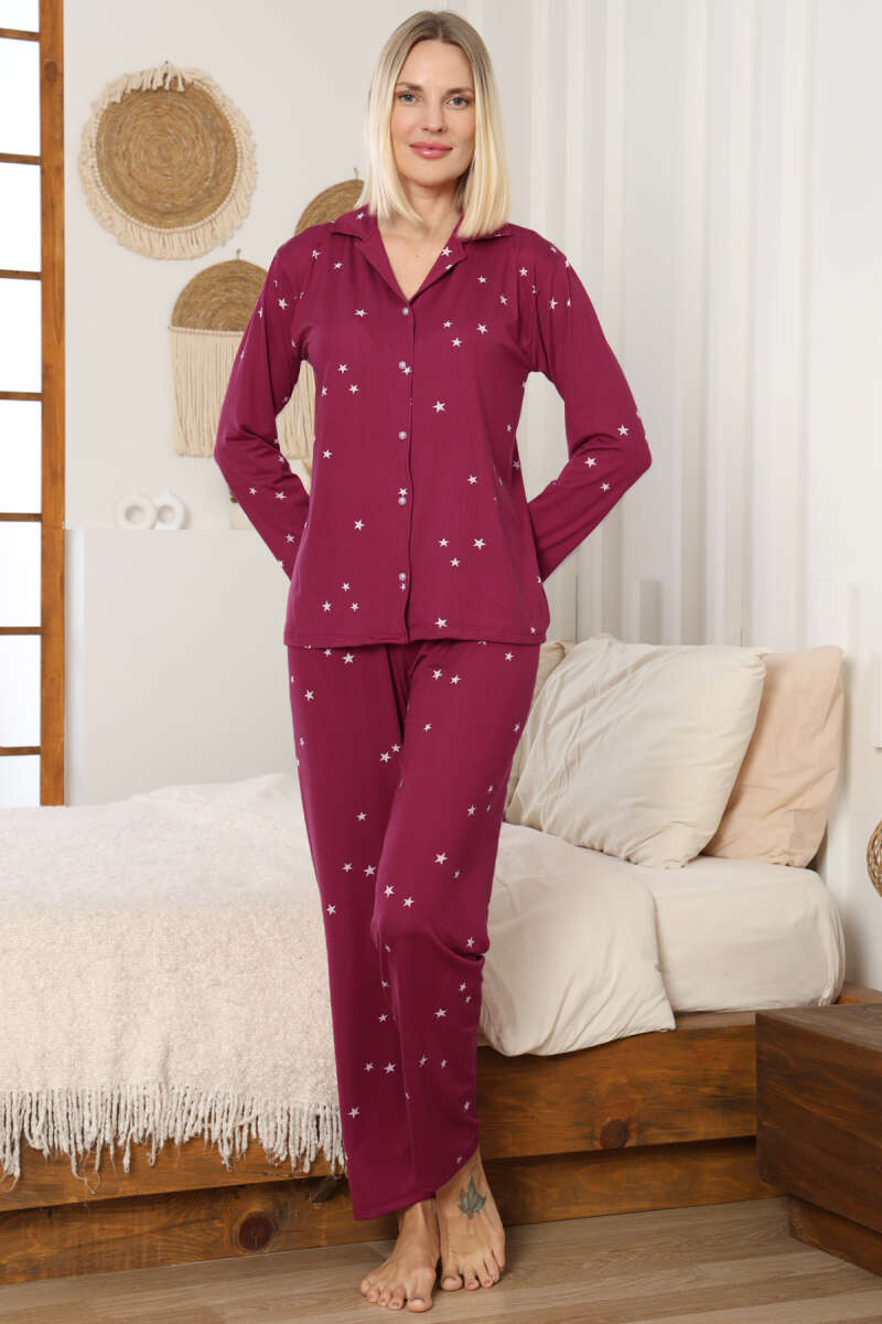 Milan Kumaş Yıldızlı Gömlek Yaka Pijama Takımı