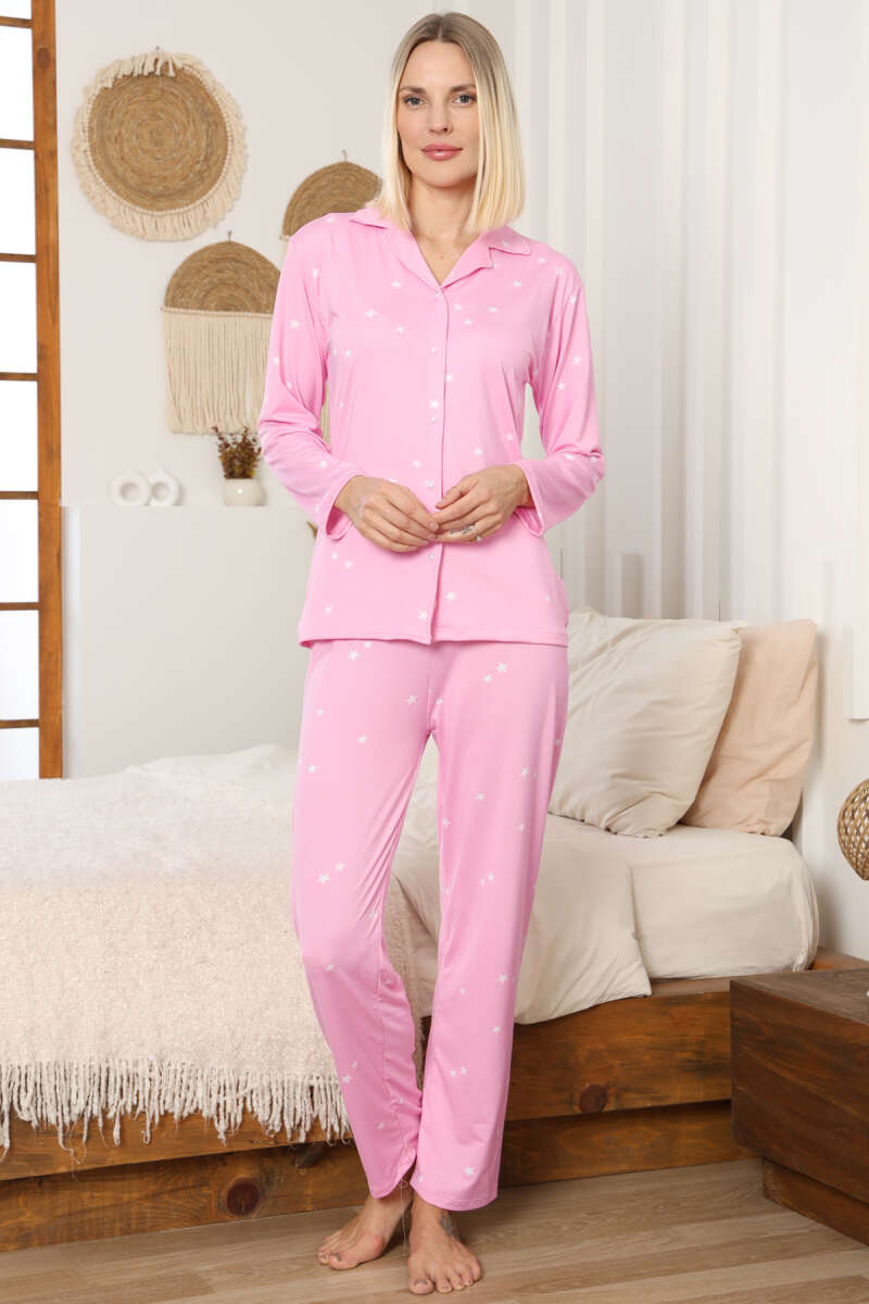 Milan Kumaş Yıldızlı Gömlek Yaka Pijama Takımı