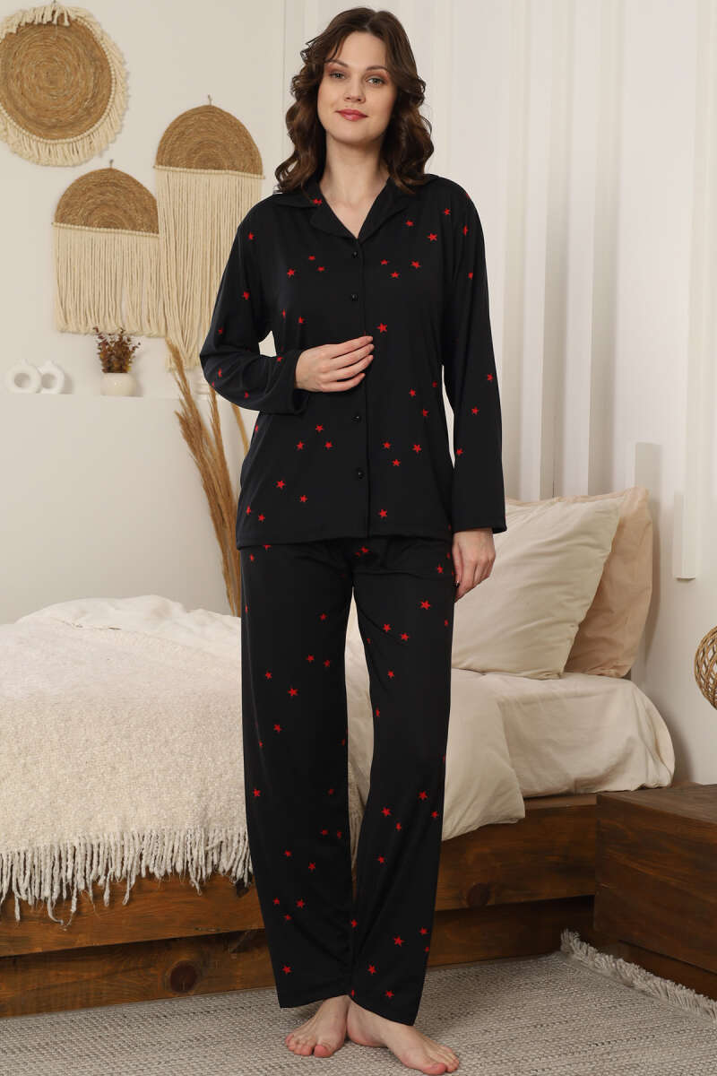 Milan Kumaş Yıldızlı Gömlek Yaka Pijama Takımı