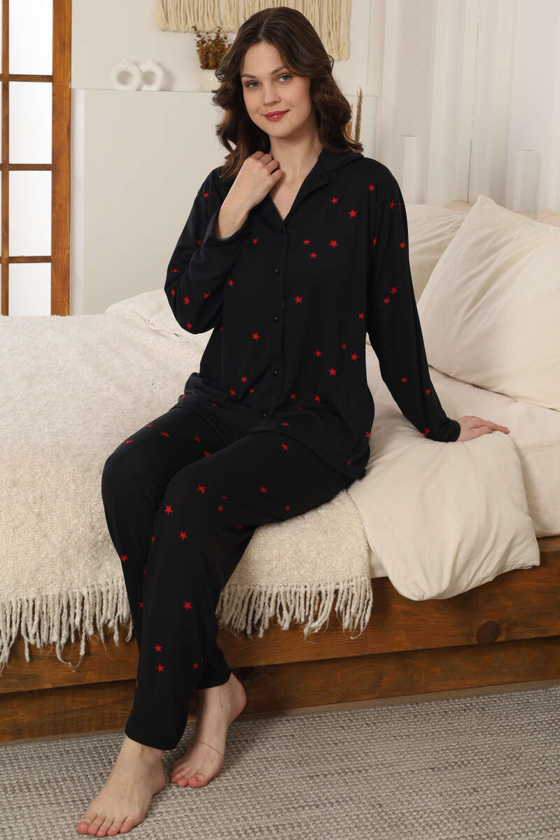 Milan Kumaş Yıldızlı Gömlek Yaka Pijama Takımı